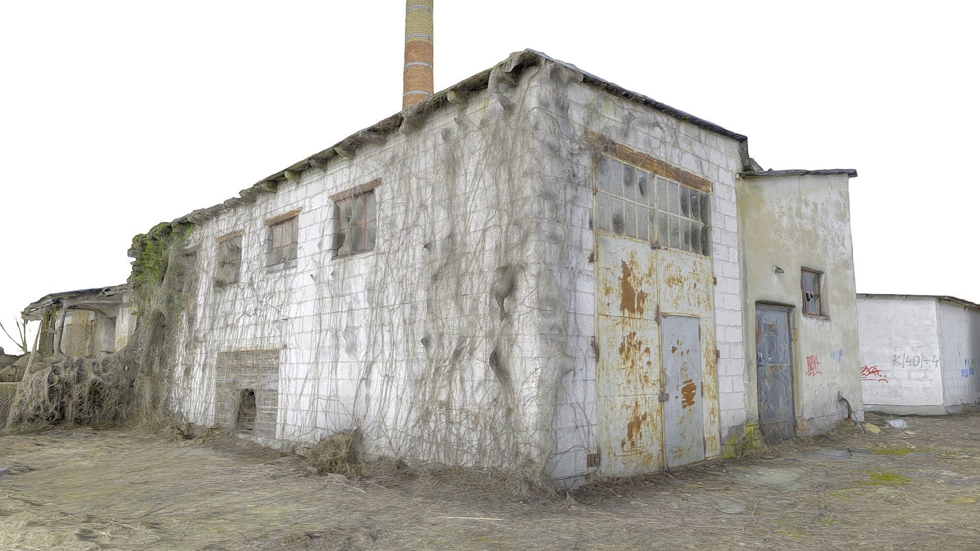 Facade of an abandoned factory with a chimney 3D model_5