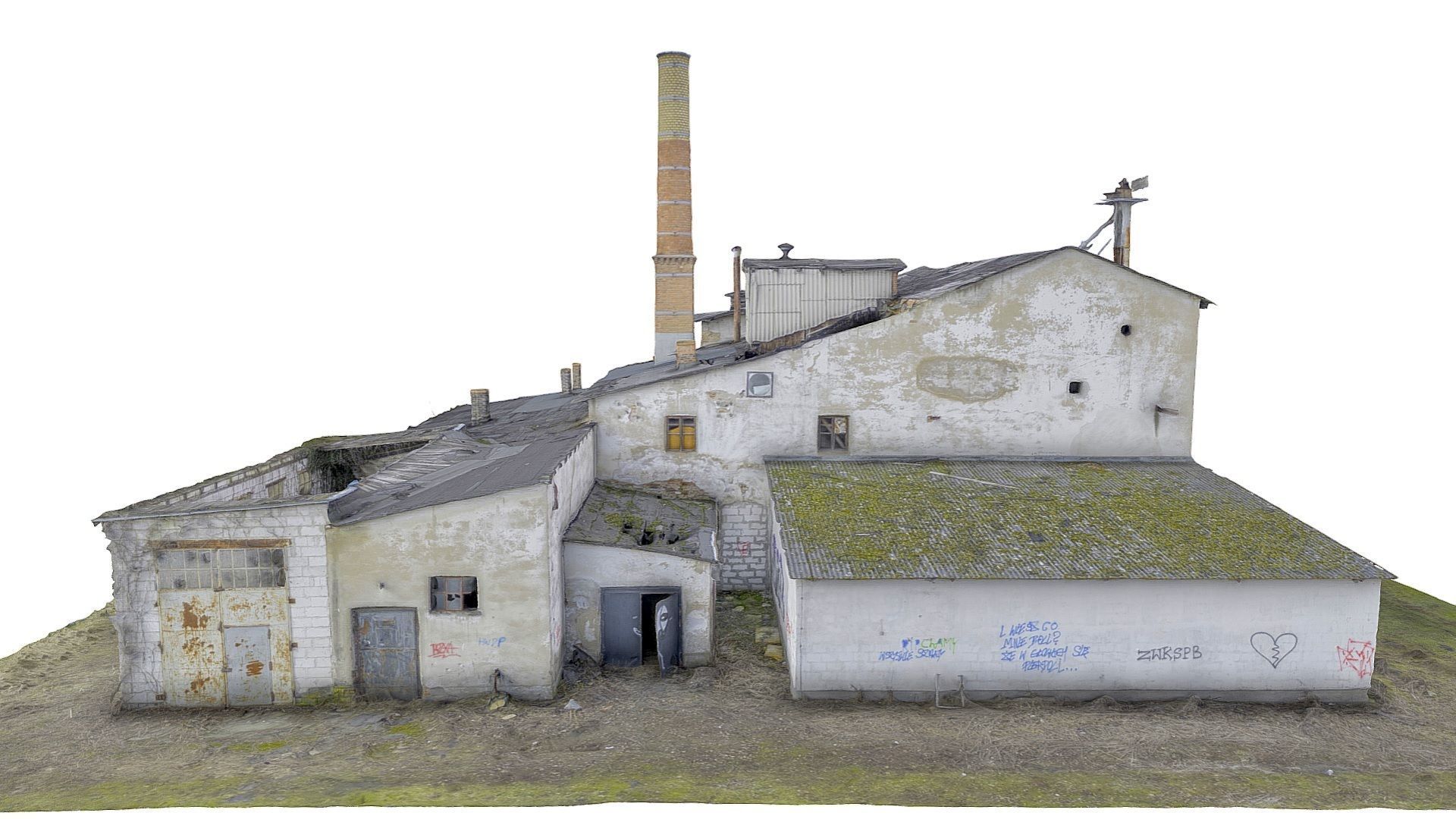 Facade of an abandoned factory with a chimney 3D model_4