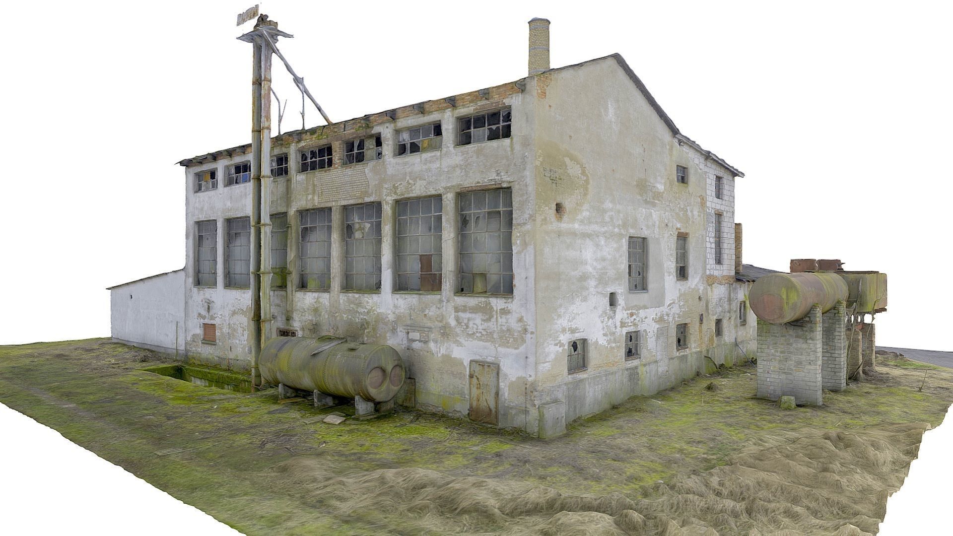 Facade of an abandoned factory with a chimney 3D model_2