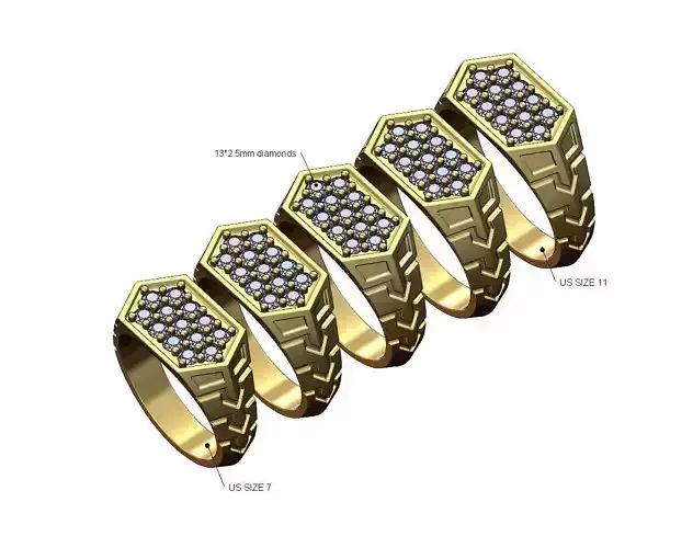 Diamond  sides engraving hexagonal signet ring US sizes 7to11