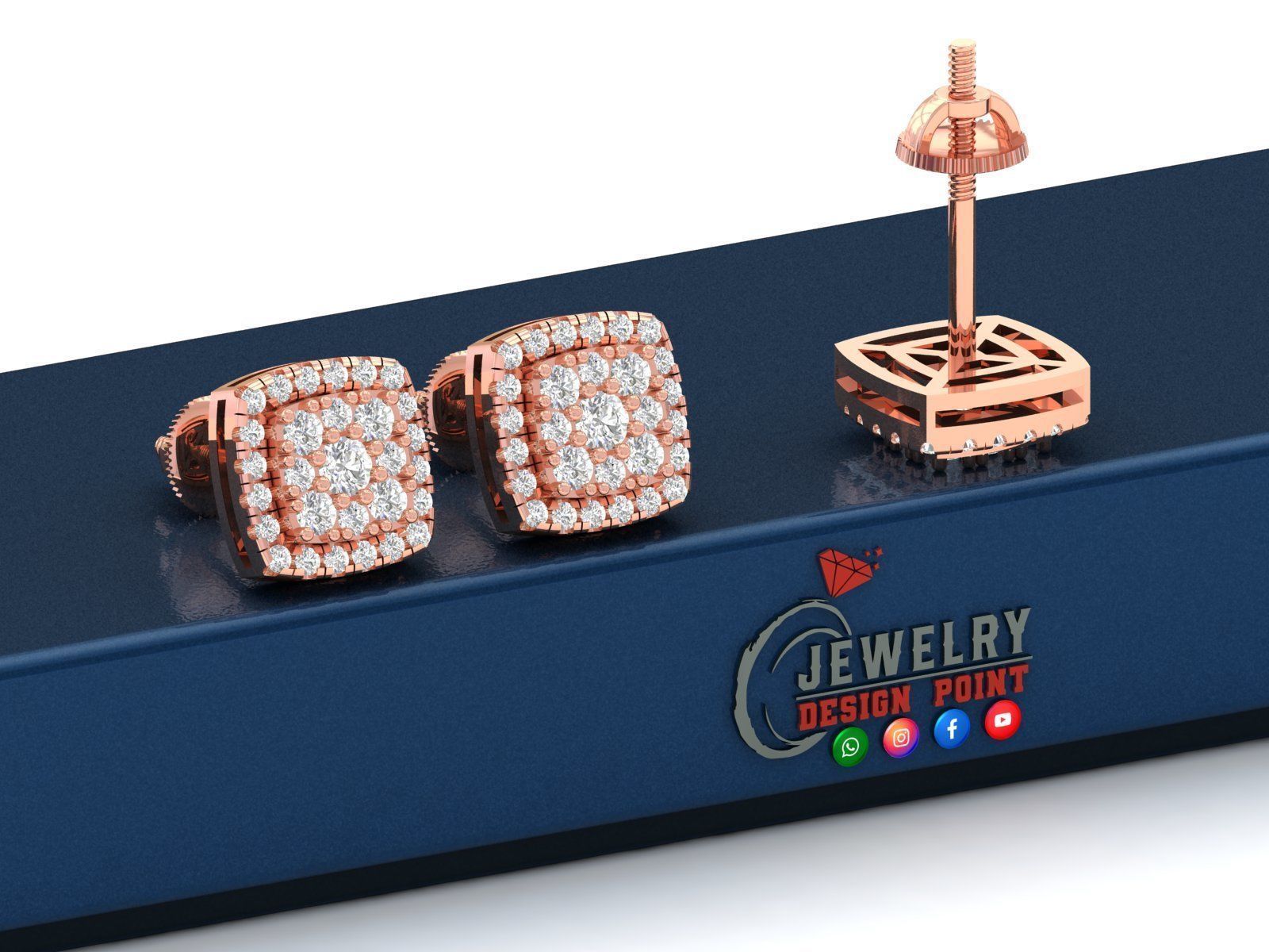 Custom Cushion Square Shape Round Diamond Studs - Earrings 10mm 3D print model_2