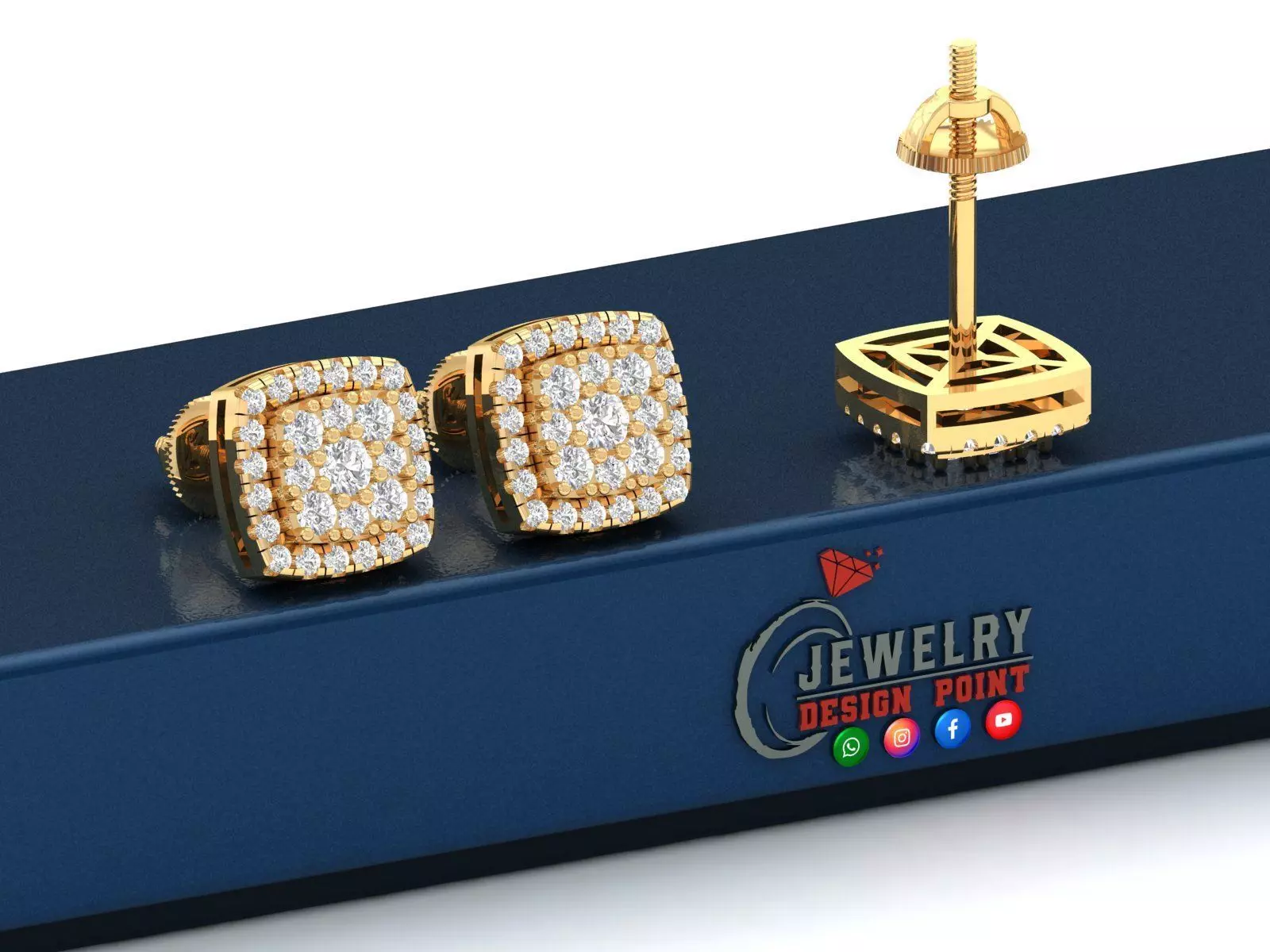 Custom Cushion Square Shape Round Diamond Studs - Earrings 10mm 3D print model_0