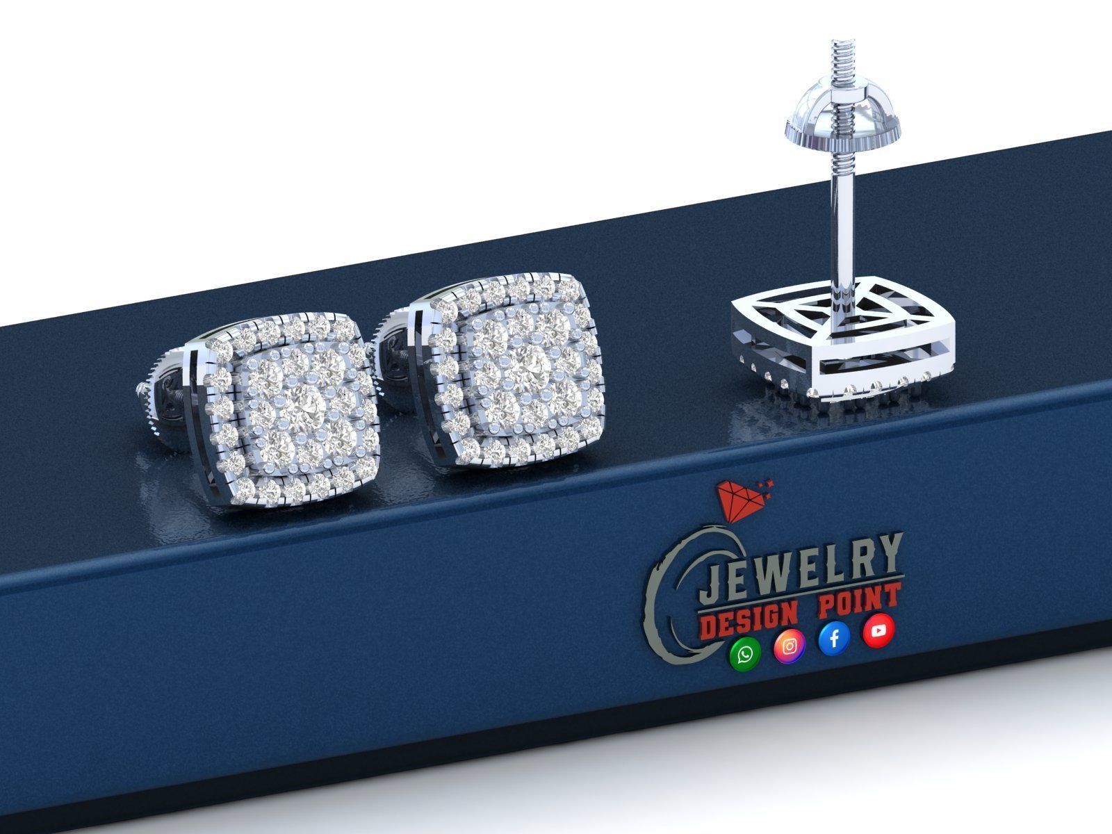 Custom Cushion Square Shape Round Diamond Studs - Earrings 10mm 3D print model_3