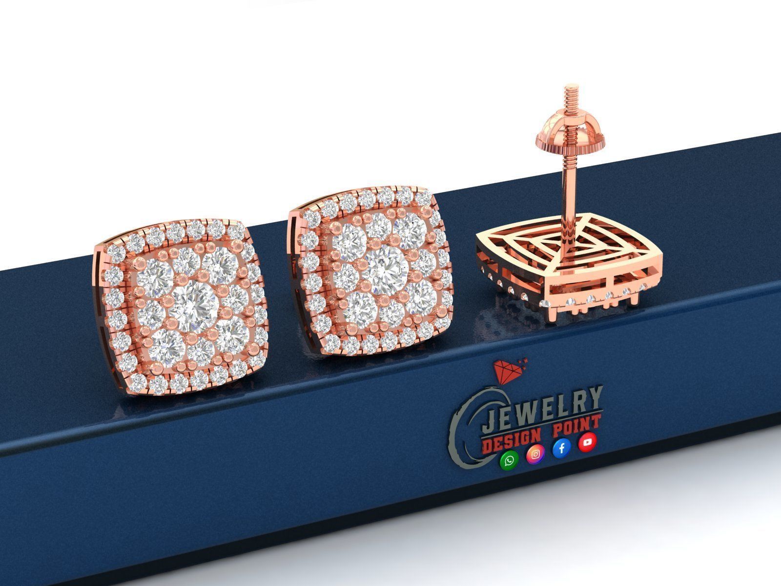 Custom Cushion Square Shape Round Diamond Studs - Earrings 14mm 3D print model_3