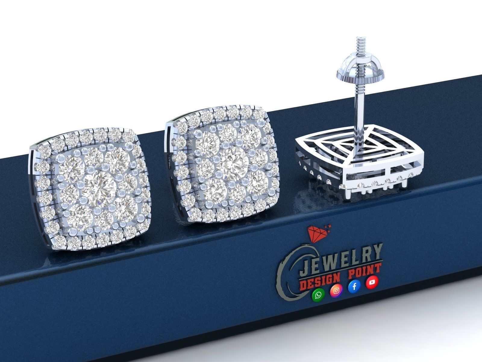 Custom Cushion Square Shape Round Diamond Studs - Earrings 14mm 3D print model_2