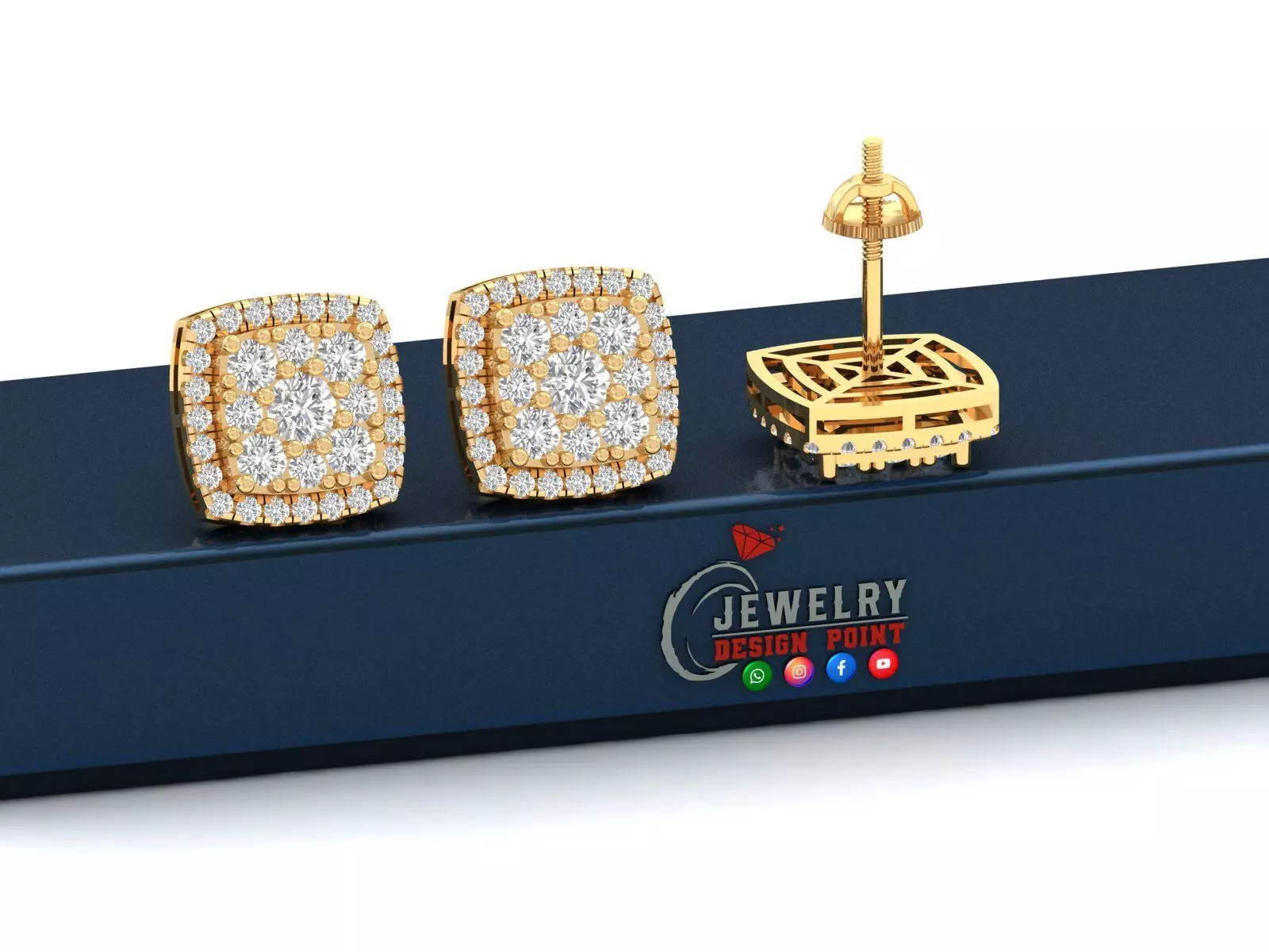 Custom Cushion Square Shape Round Diamond Studs - Earrings 14mm 3D print model_0