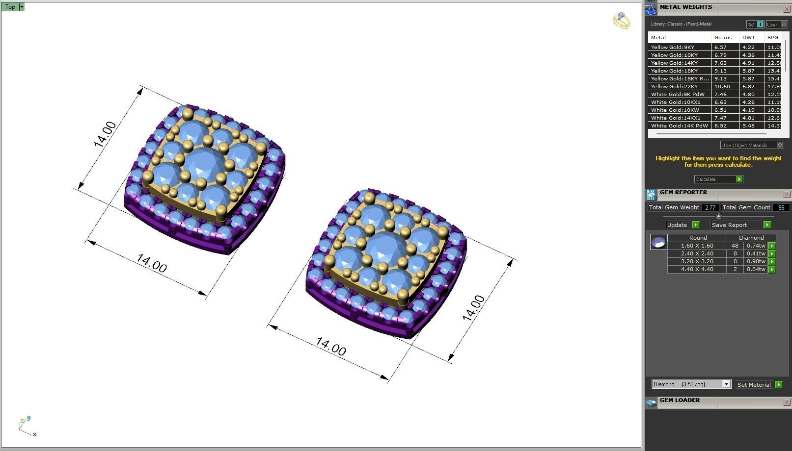Custom Cushion Square Shape Round Diamond Studs - Earrings 14mm 3D print model_6