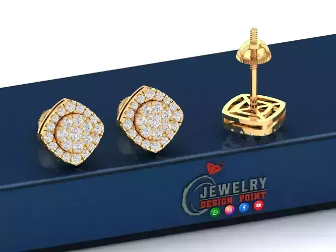 Custom Cushion Square Shape Round Diamond Studs - Earrings 10mm  3D print model