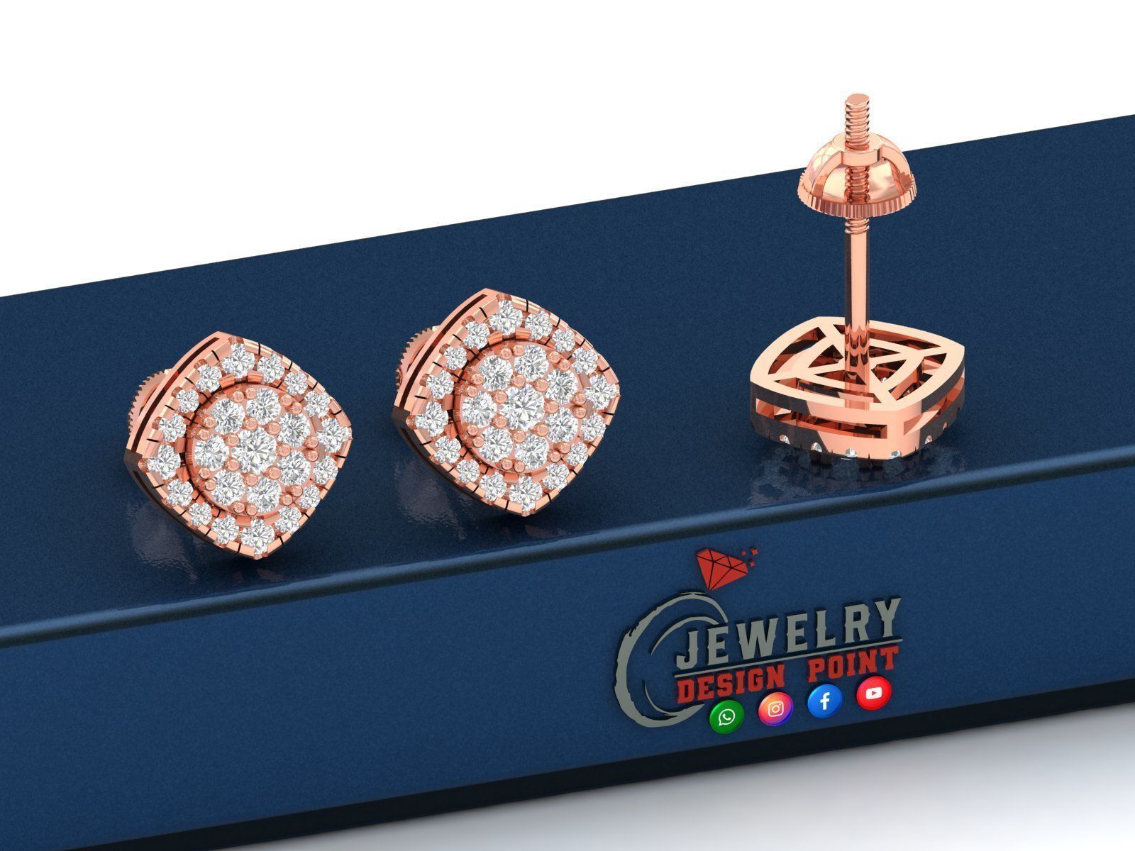 Custom Cushion Square Shape Round Diamond Studs - Earrings 10mm 3D print model_2