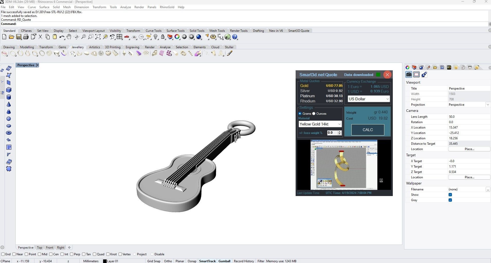 Guitar pendant jewelry gold 3D print model_4