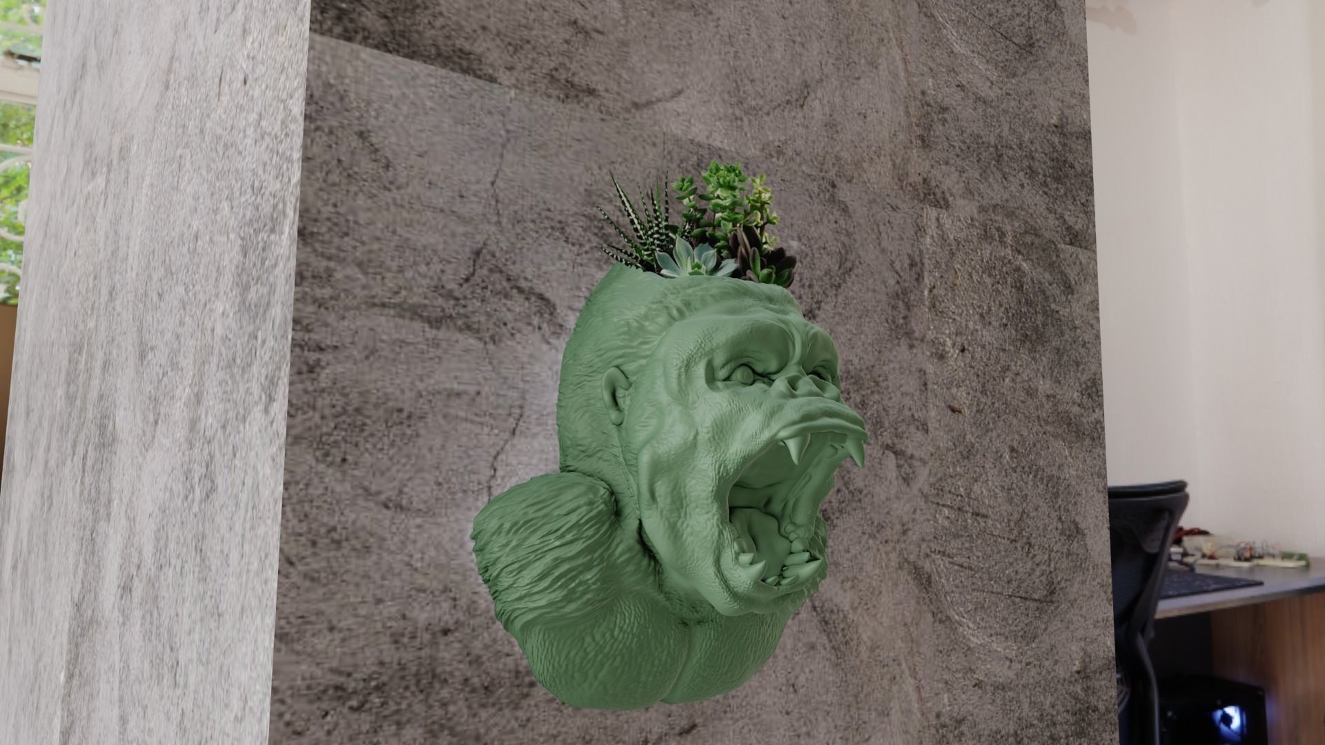 Gorilla head wall mount planter low poly stl 3d print file 3D print model_1