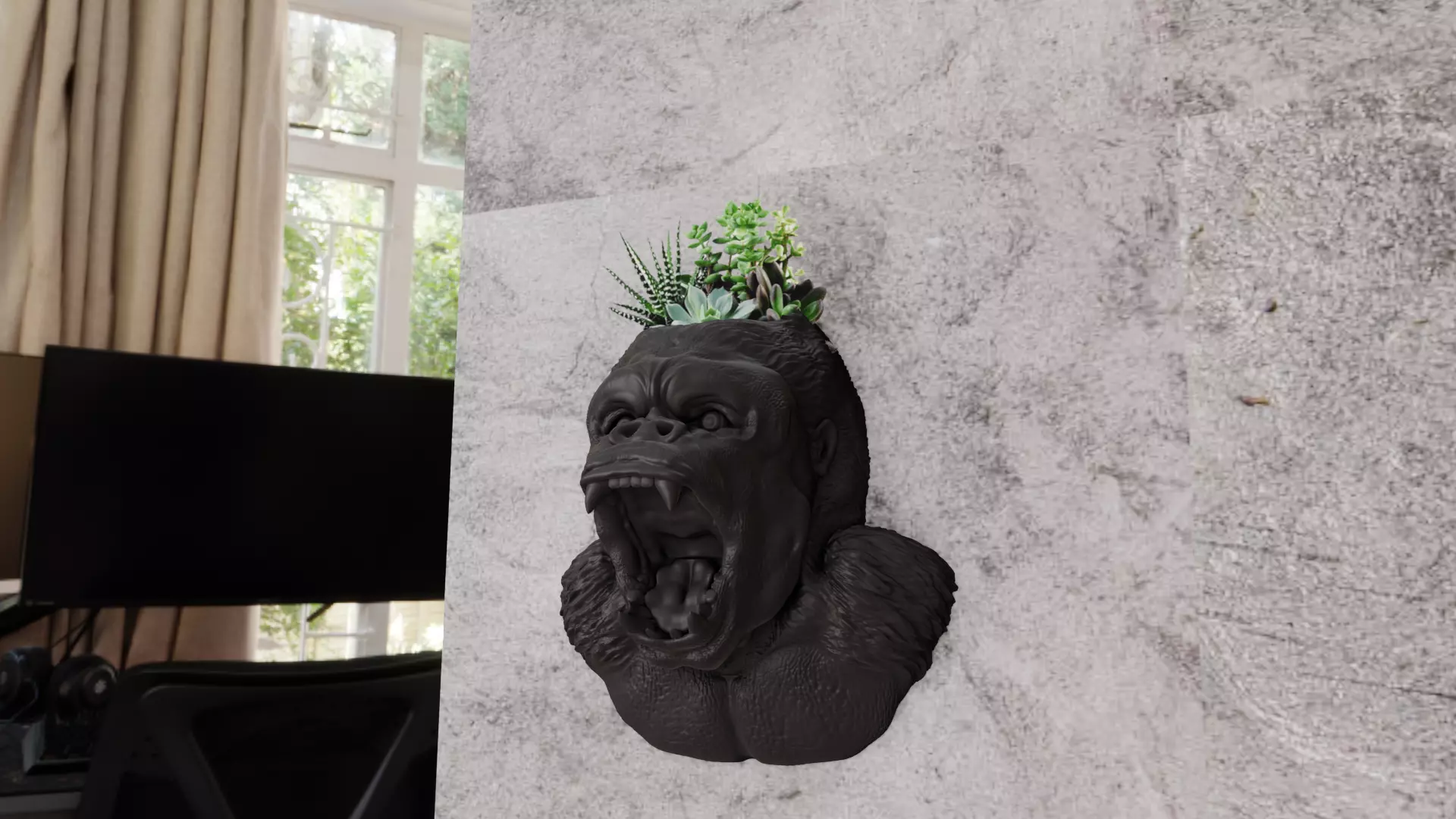 Gorilla head wall mount planter low poly stl 3d print file 3D print model_0