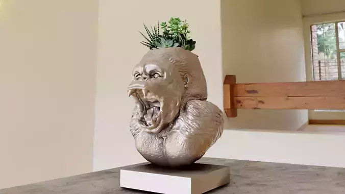 Gorilla head bust planter pot flower vase stl file 3d print 