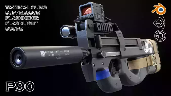 FN P90 with Attachments Low-poly 3D model