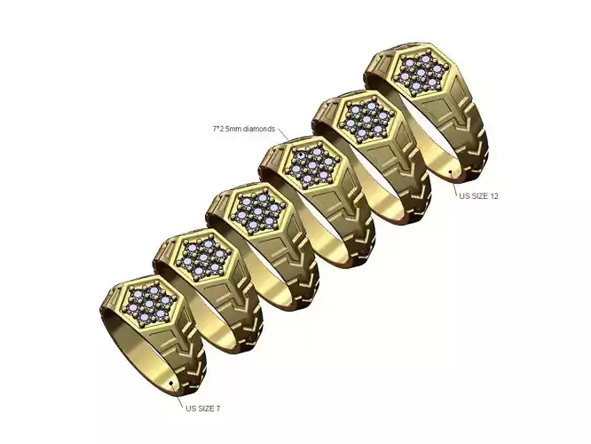 Diamond hexagonal top and sides engraving ring US sizes 7to12