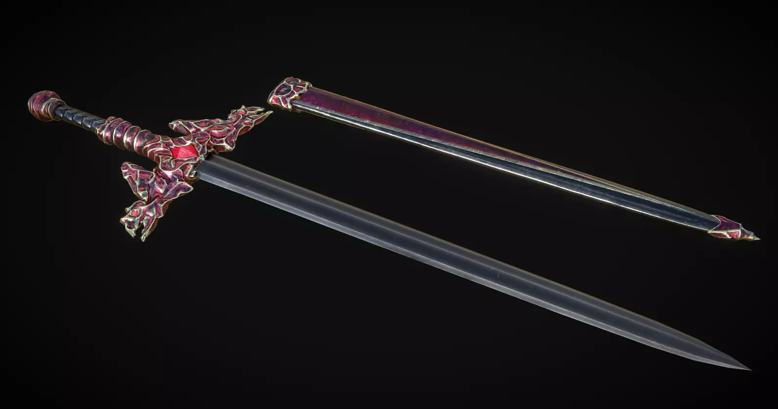 Crimson Dragon Sword - Game Ready Low-poly 3D model_0