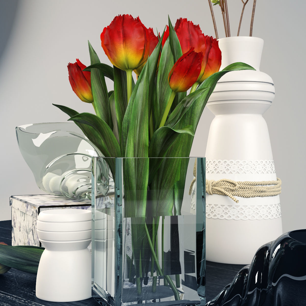 Decorative set with tulips  Low-poly 3D model_2
