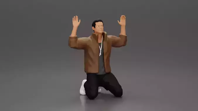 Asian gangster man jacket sitting with hands up to be arrested