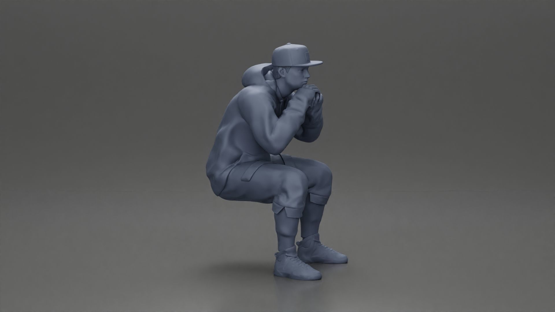 man in hoodie and cap sitting putting his hand on the skateboard 3D print model_20