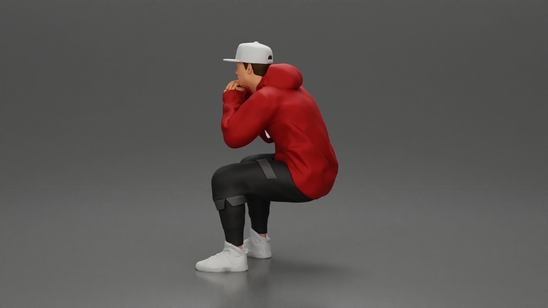 man in hoodie and cap sitting putting his hand on the skateboard 3D print model_11