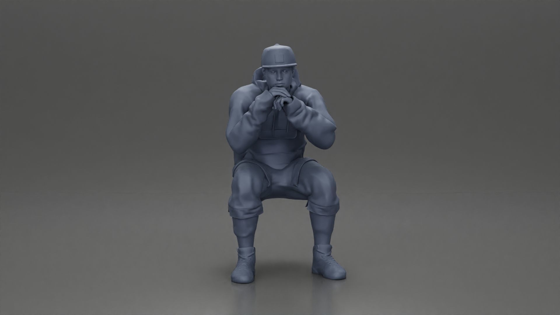 man in hoodie and cap sitting putting his hand on the skateboard 3D print model_19