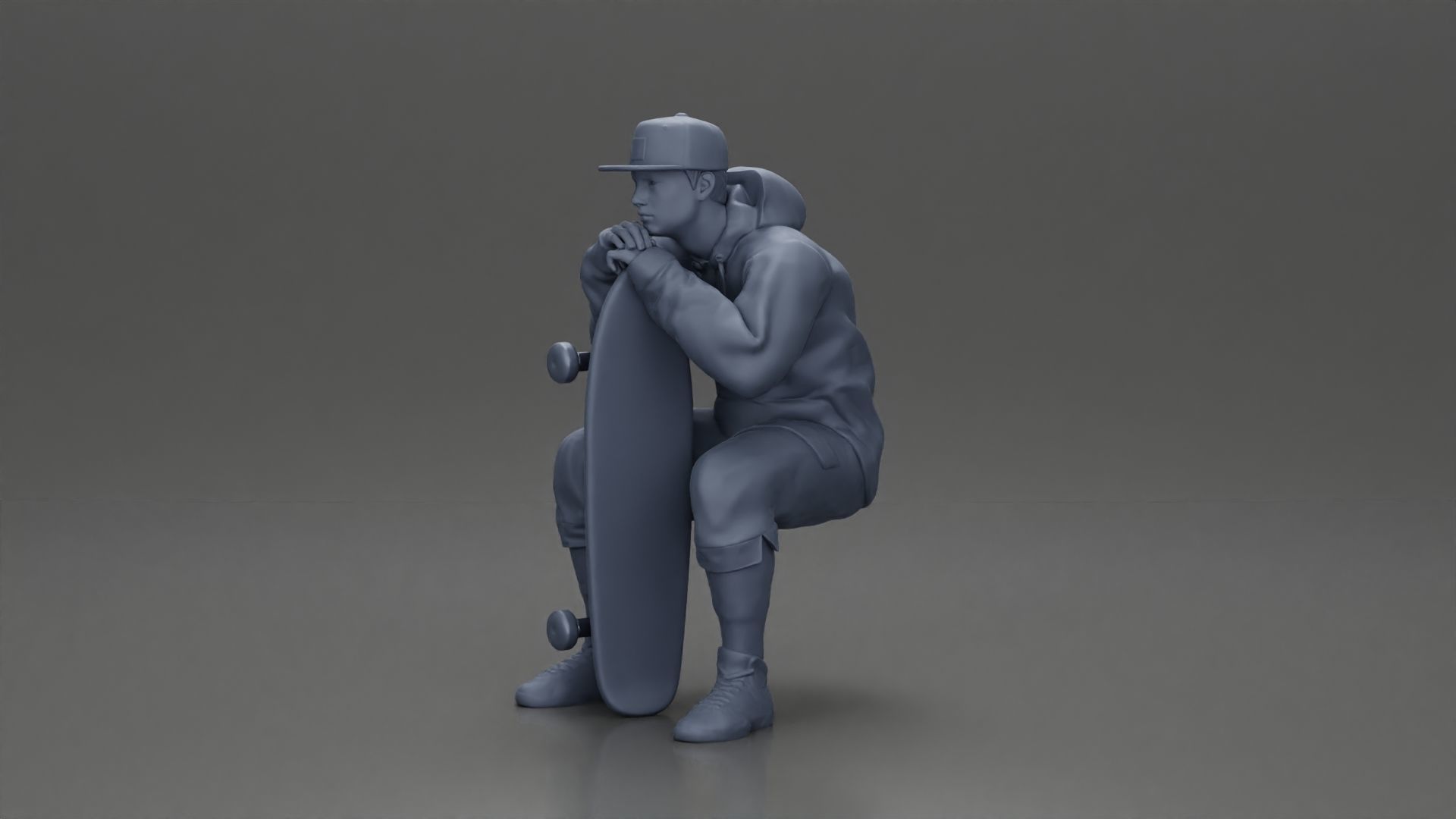 man in hoodie and cap sitting putting his hand on the skateboard 3D print model_12