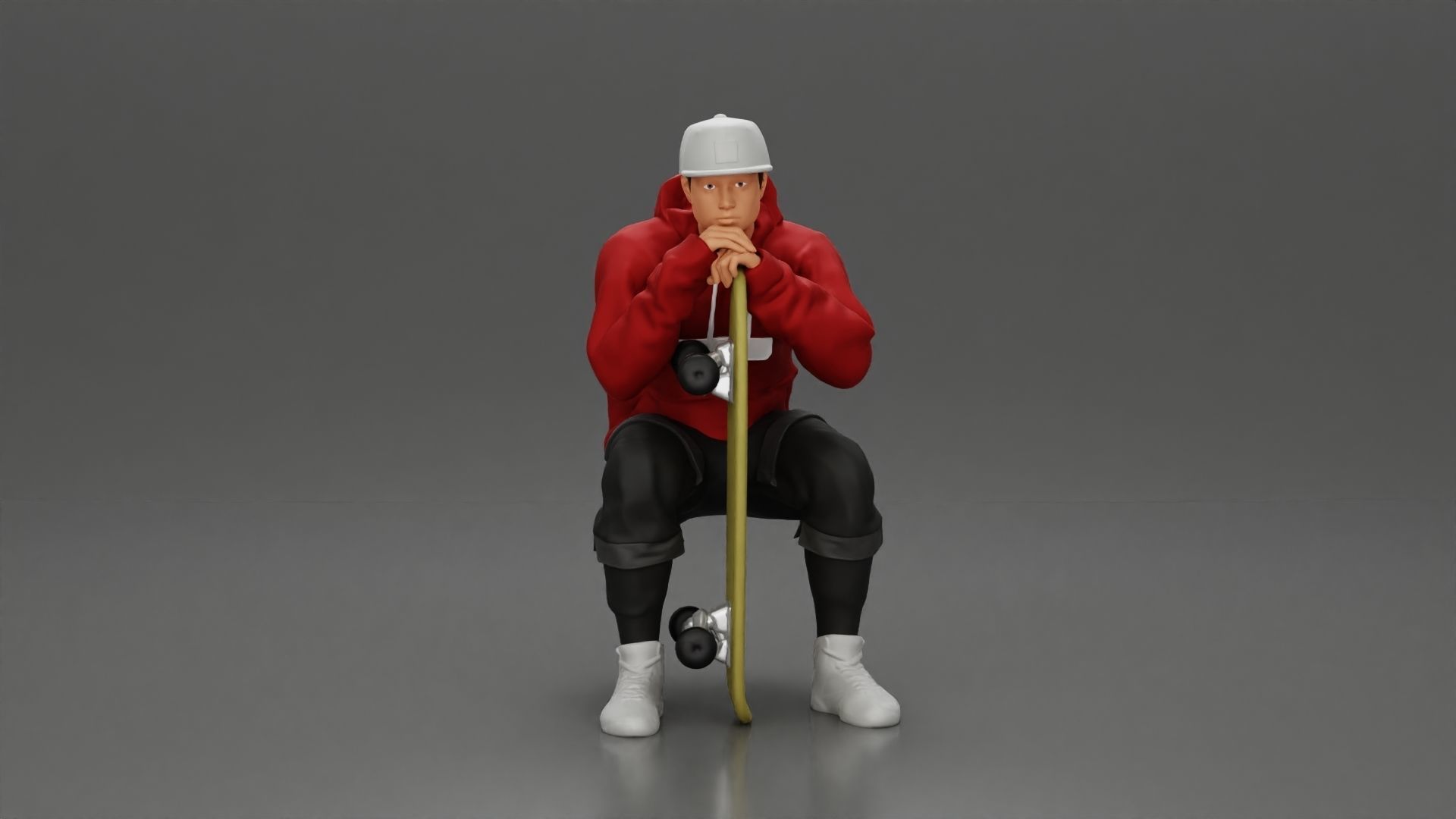 man in hoodie and cap sitting putting his hand on the skateboard 3D print model_2