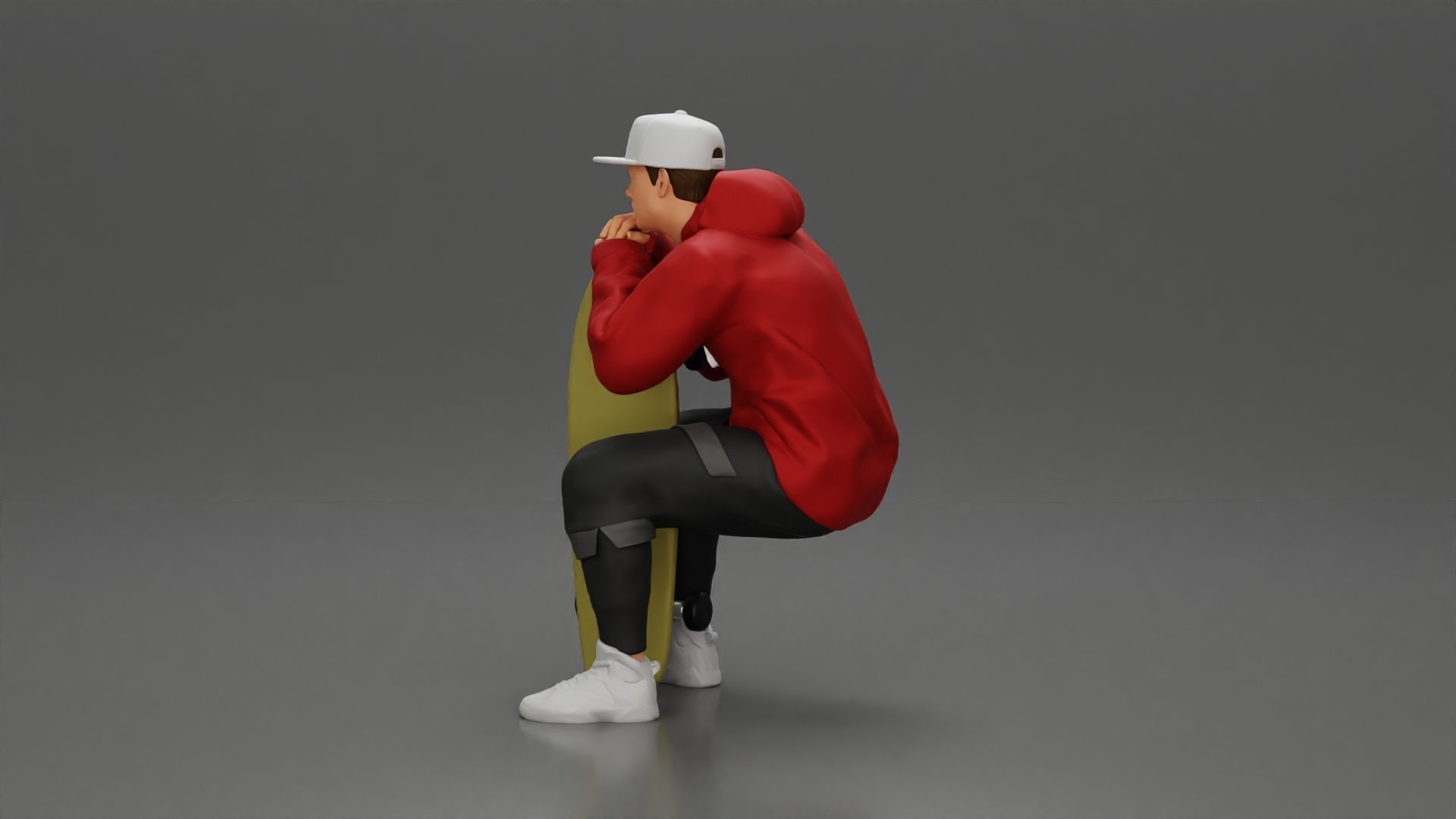 man in hoodie and cap sitting putting his hand on the skateboard 3D print model_6