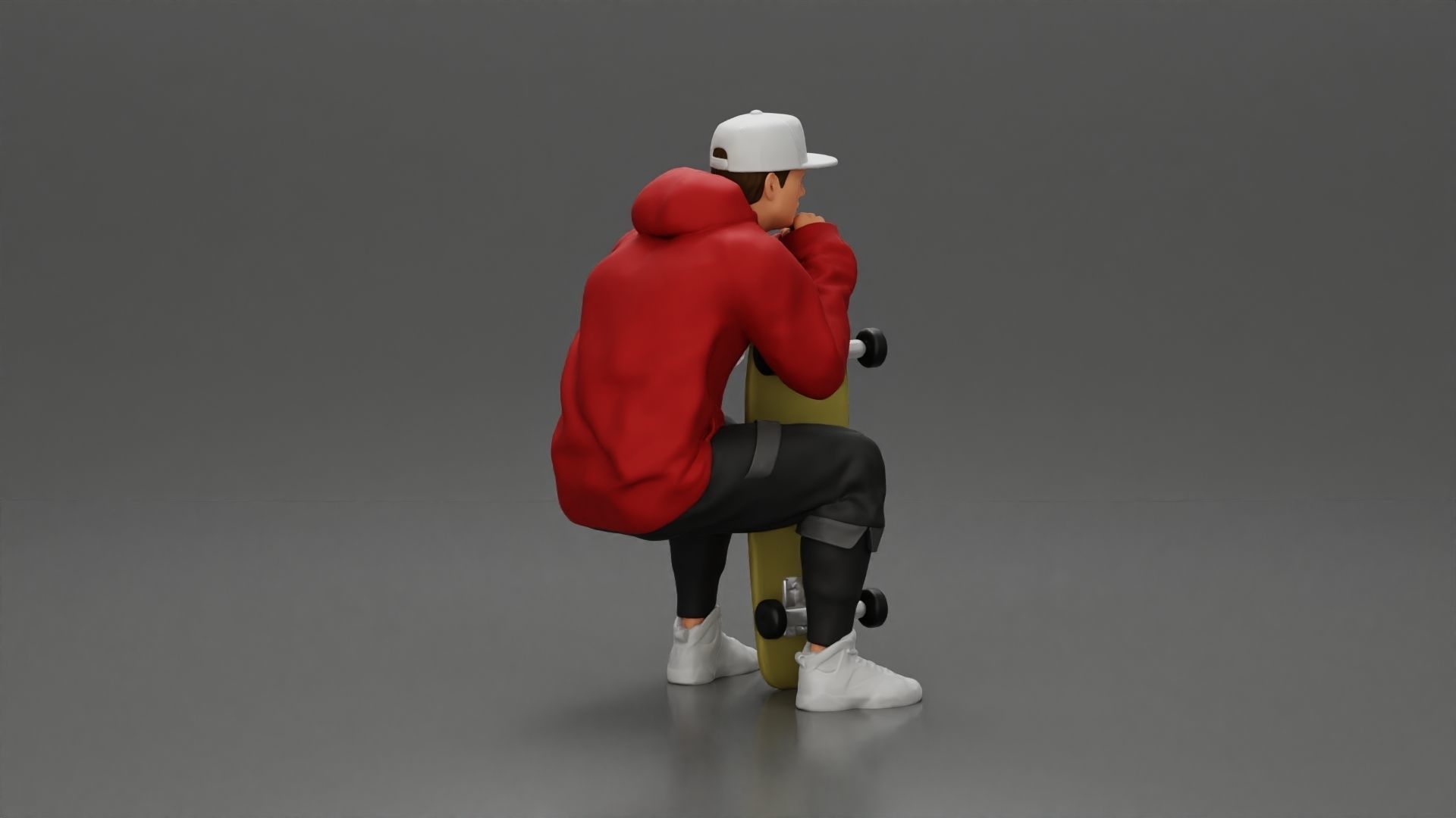man in hoodie and cap sitting putting his hand on the skateboard 3D print model_4