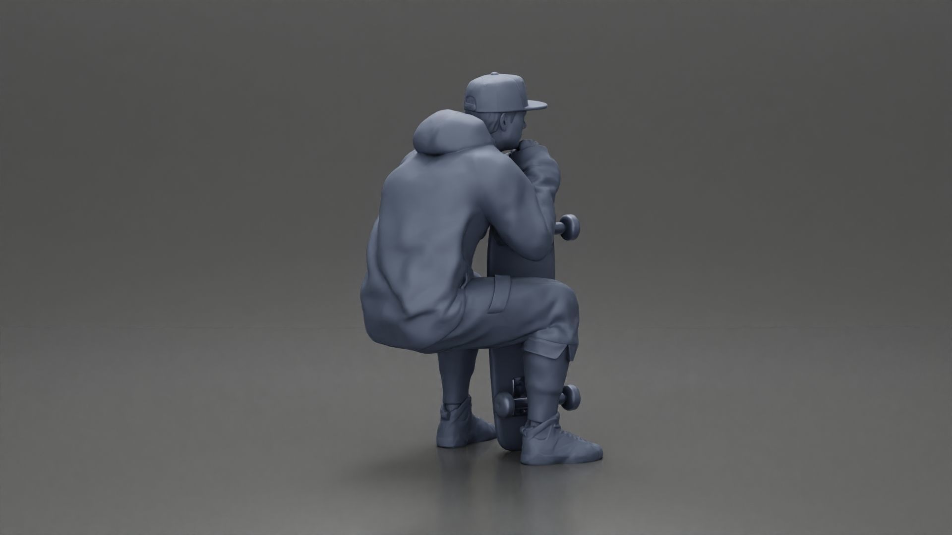 man in hoodie and cap sitting putting his hand on the skateboard 3D print model_15