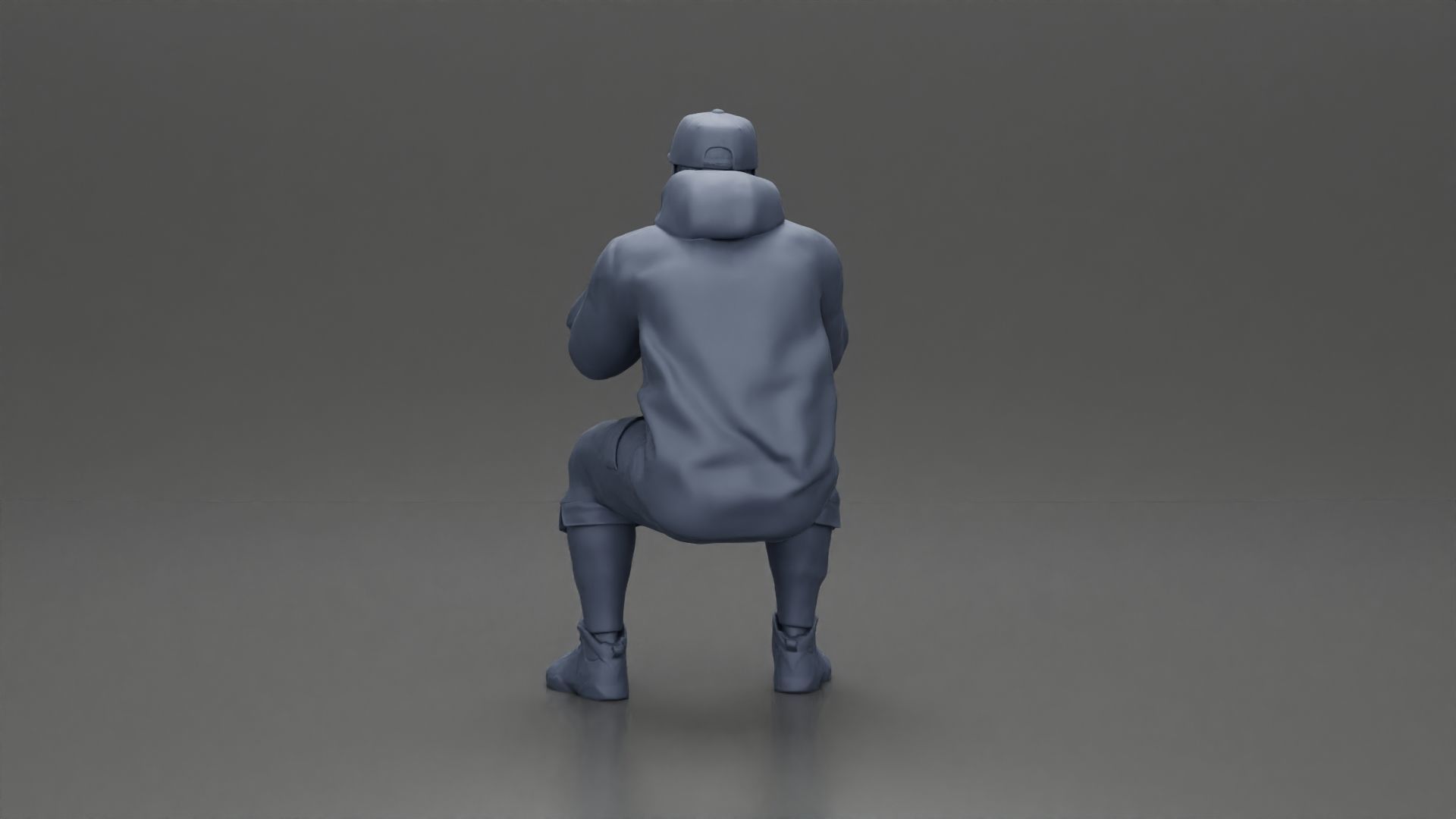 man in hoodie and cap sitting putting his hand on the skateboard 3D print model_22