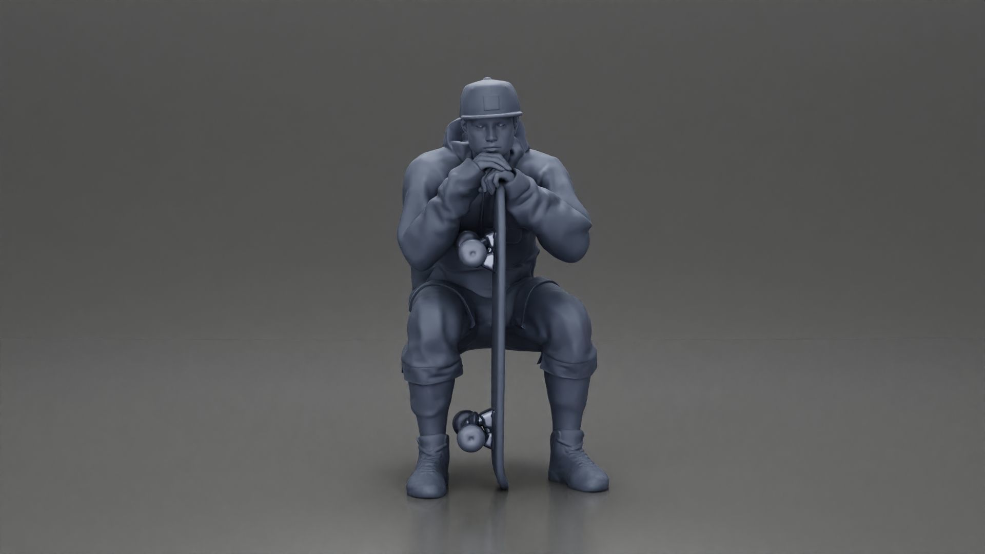 man in hoodie and cap sitting putting his hand on the skateboard 3D print model_13