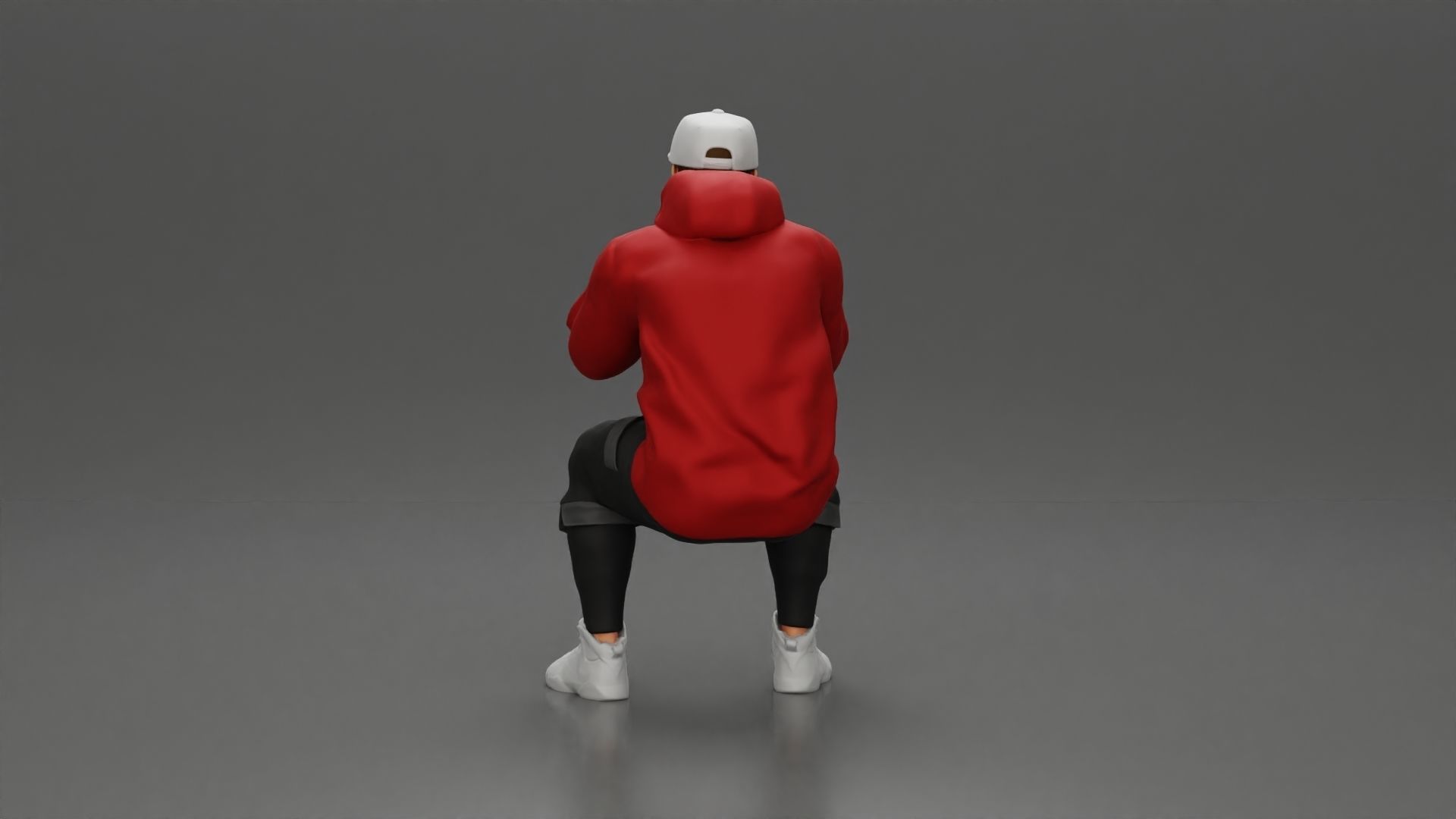man in hoodie and cap sitting putting his hand on the skateboard 3D print model_10