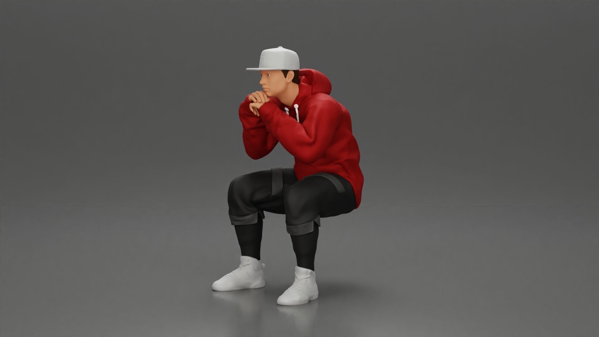 man in hoodie and cap sitting putting his hand on the skateboard 3D print model_1