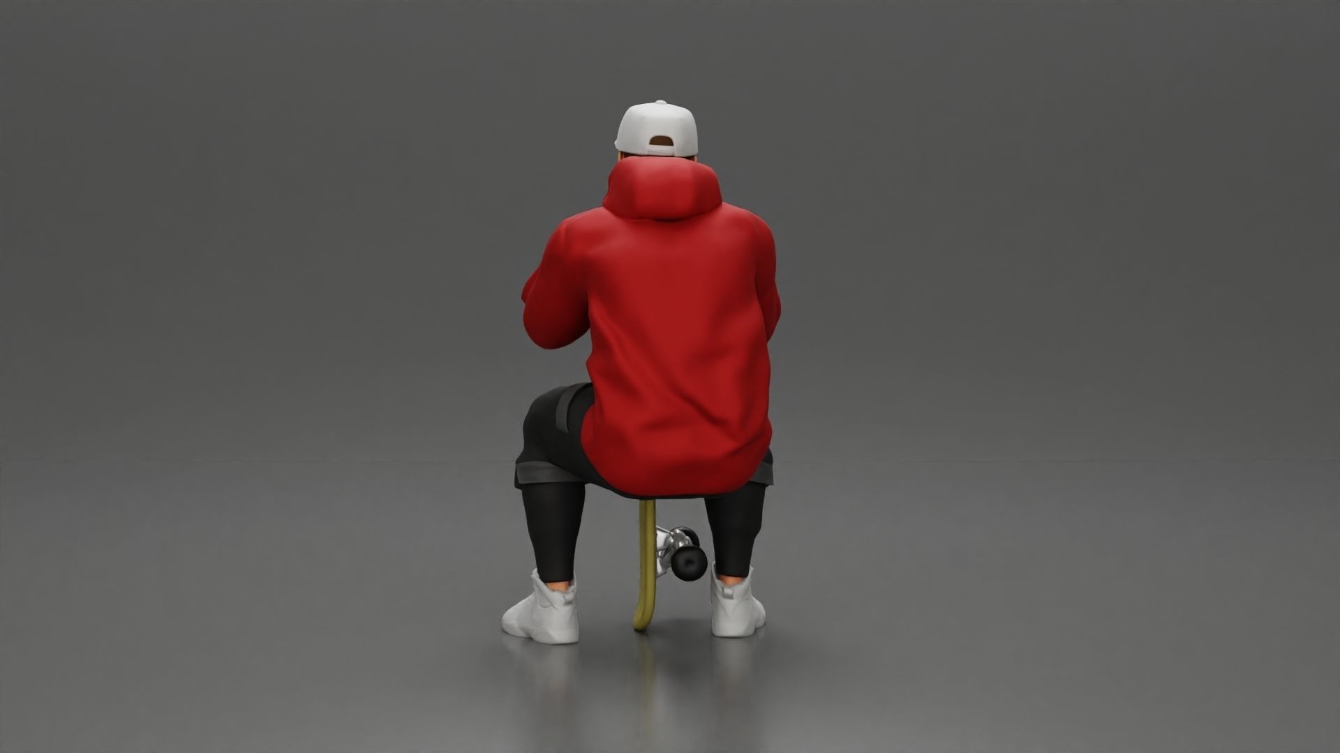 man in hoodie and cap sitting putting his hand on the skateboard 3D print model_5