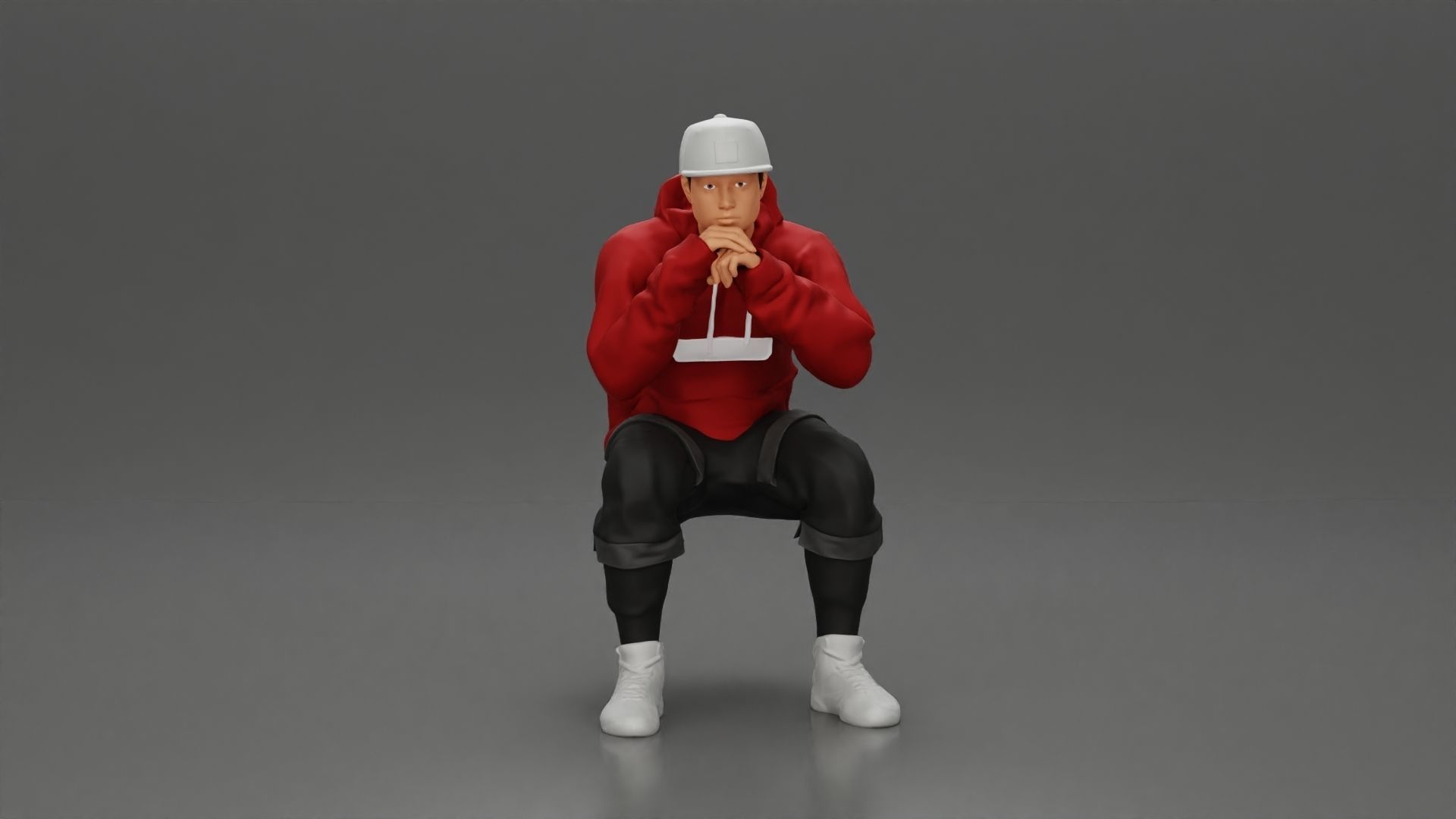 man in hoodie and cap sitting putting his hand on the skateboard 3D print model_7