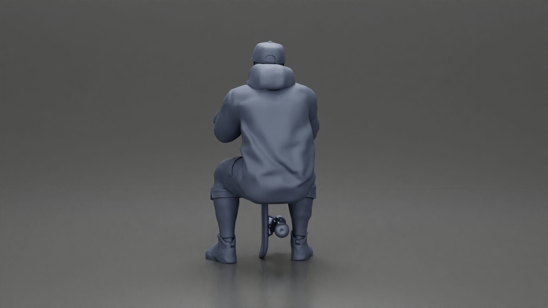 man in hoodie and cap sitting putting his hand on the skateboard 3D print model_16