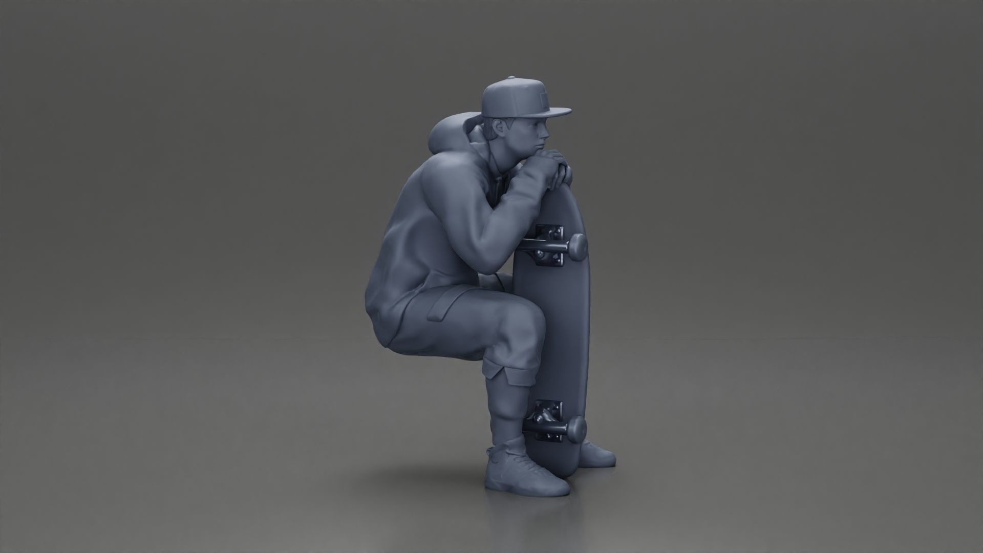 man in hoodie and cap sitting putting his hand on the skateboard 3D print model_14