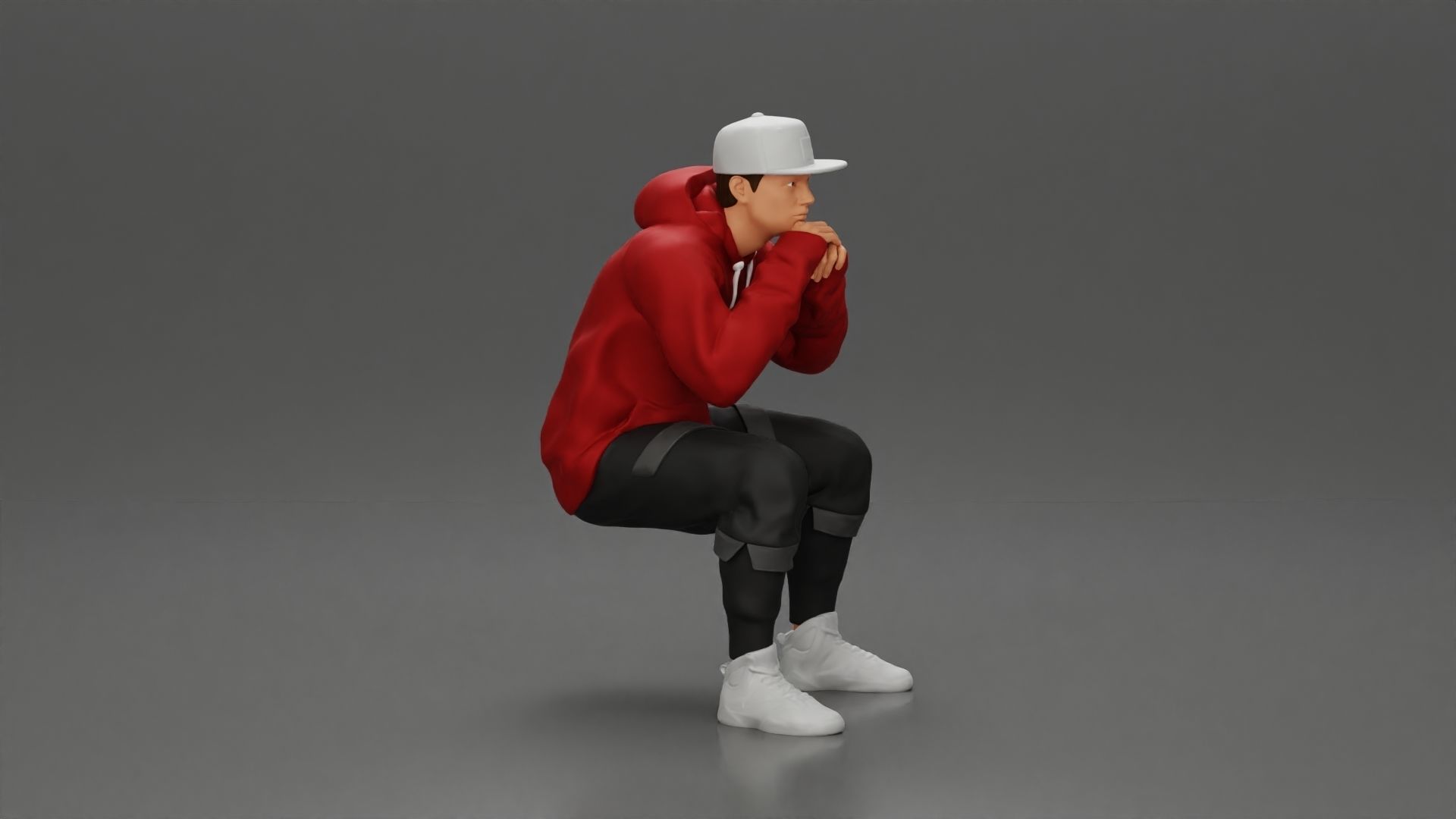 man in hoodie and cap sitting putting his hand on the skateboard 3D print model_8