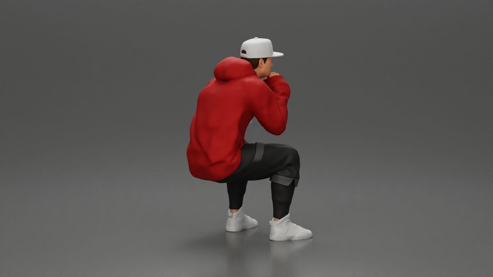man in hoodie and cap sitting putting his hand on the skateboard 3D print model_9