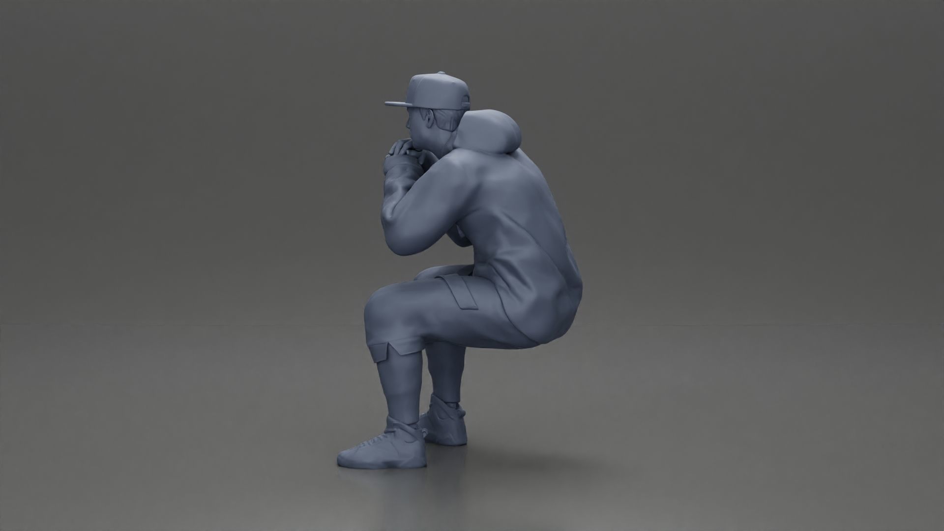 man in hoodie and cap sitting putting his hand on the skateboard 3D print model_23