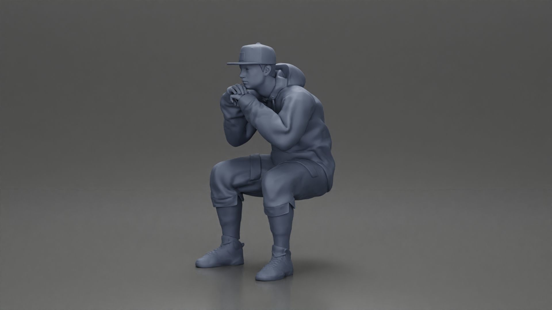 man in hoodie and cap sitting putting his hand on the skateboard 3D print model_18
