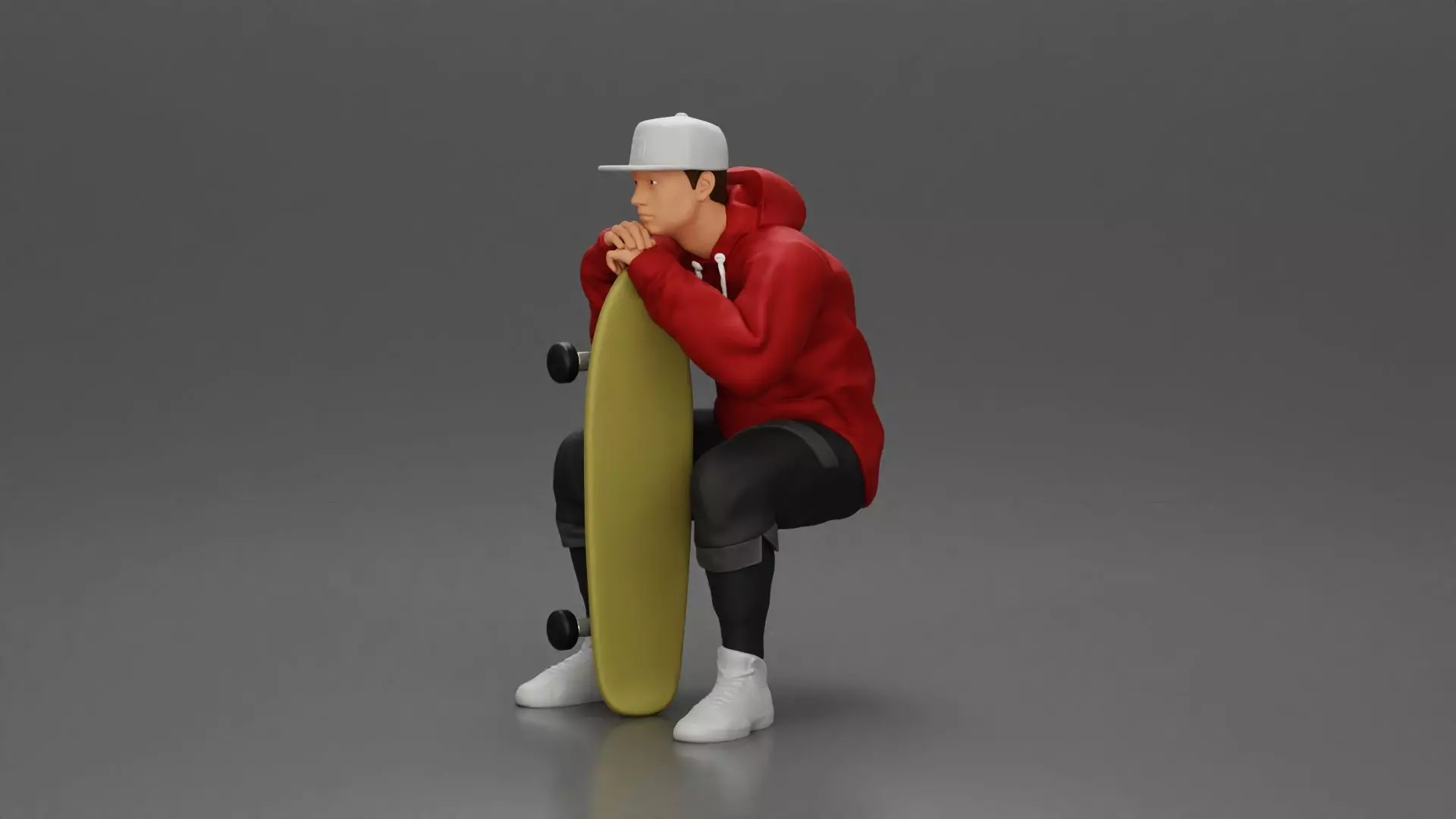 man in hoodie and cap sitting putting his hand on the skateboard 3D print model_0