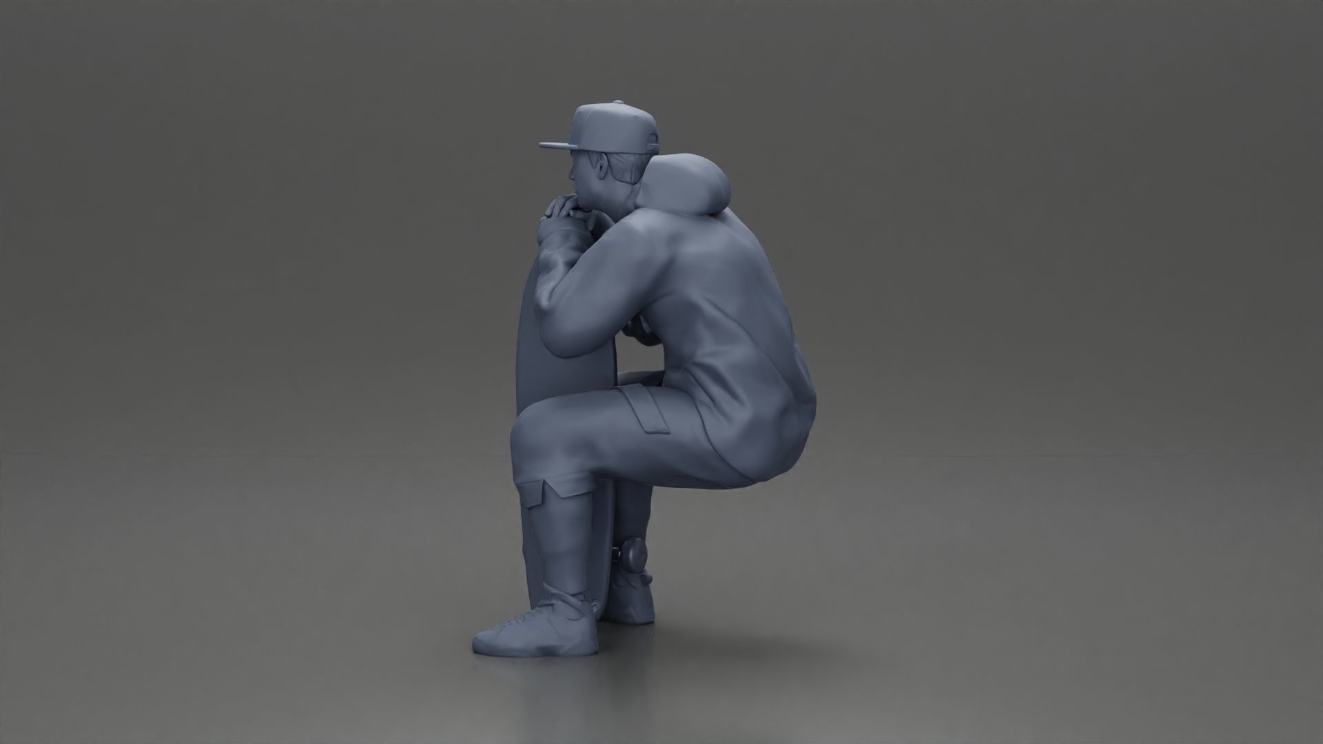 man in hoodie and cap sitting putting his hand on the skateboard 3D print model_17