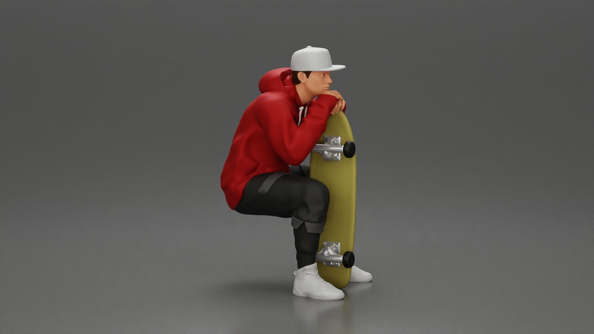 man in hoodie and cap sitting putting his hand on the skateboard 3D print model_3