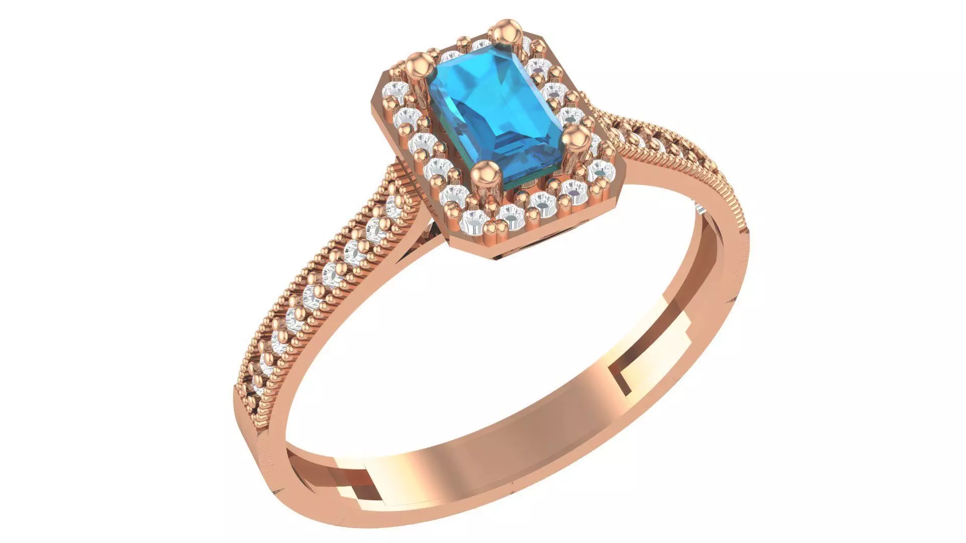 Halo Aquamarine Gemstone Ring 3dm stl render details 3D print model_0