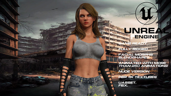 apocalyptic girl full rigged - game ready - animated - nude Low-poly 3D model