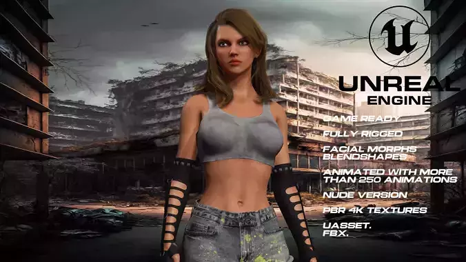apocalyptic girl full rigged - game ready - animated - nude Low-poly 3D model