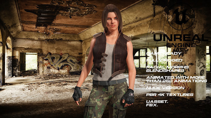 apocalyptic girl full rigged - game ready - animated - nude Low-poly 3D model
