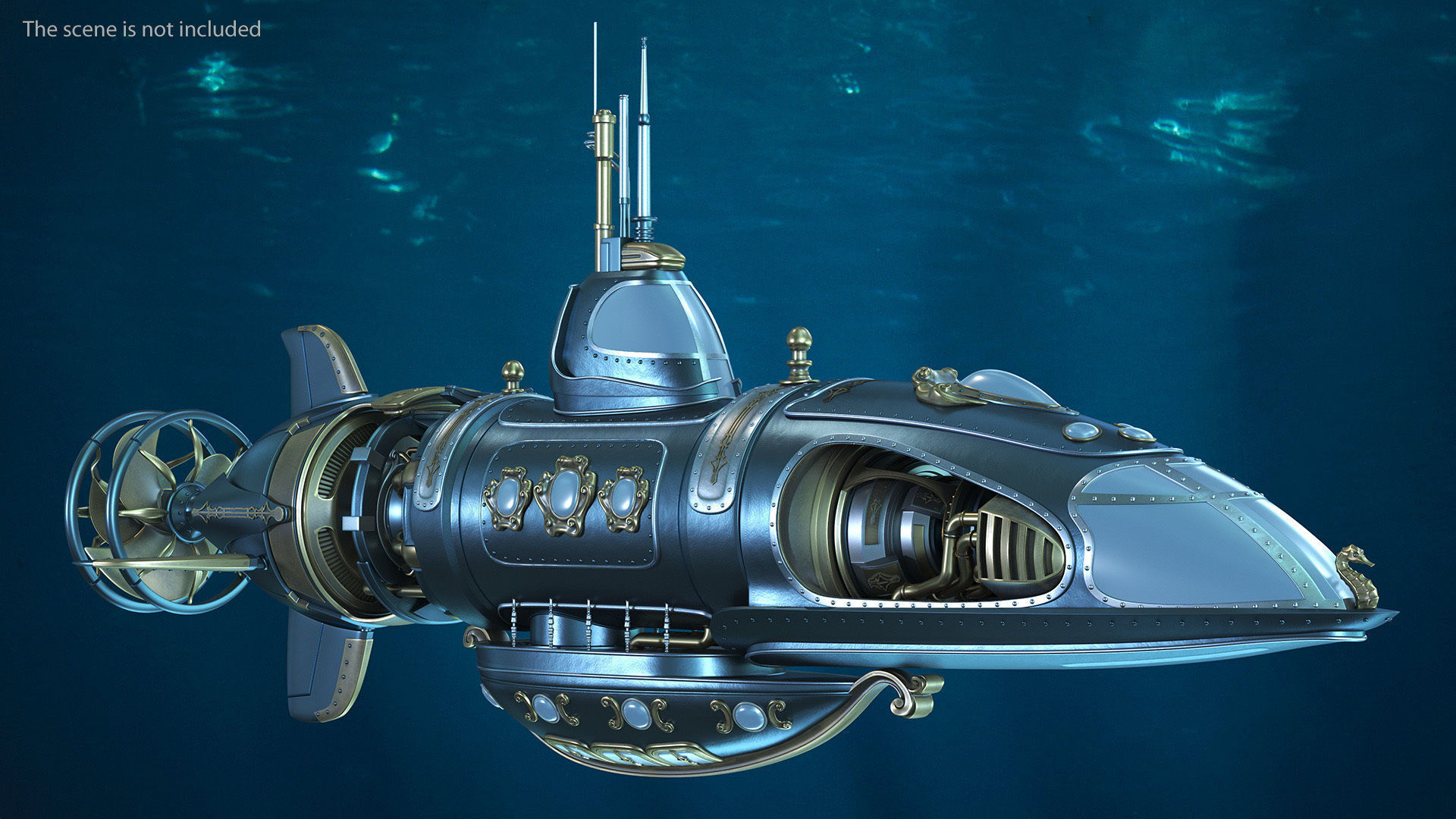 Steampunk Submarine Blue Rigged 3D model